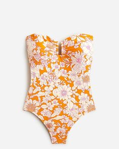 J.Crew: Strapless Underwire One-piece Swimsuit In Orange Floral For Women Ruched Swimwear, Polka Dot Bathing Suit, Strapless One Piece, Bathing Suit One Piece, Green One Piece Swimsuit, Pink Bathing Suits, Ruched Swimsuit, Bathing Suits One Piece, Strapless Swimsuit