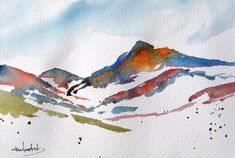 a watercolor painting of mountains in the distance