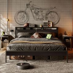 a bedroom with a bed, nightstands and a wall drawing on the wall behind it