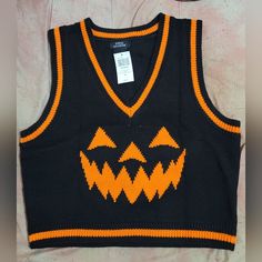 Brand New, Never Worn -- From Last Season Ended Up Not Needing It (Went As Candycorn Cutie Instead Of Halloween Cheerleader) Casual Black Halloween Sweater, Casual Black Sweater For Halloween, Casual V-neck Halloween Tops, Casual Orange Cotton Vest, Black Cotton Halloween Sweater, Casual Sleeveless Halloween Vest, Winter Orange Streetwear Tops, Winter Orange Sleeveless Vest, Orange Sleeveless Winter Vest