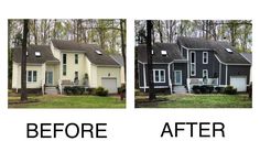 before and after photos of a house in the woods