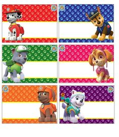 the paw patrol name tags are shown in four different colors