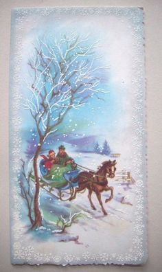 an old fashioned christmas card with children riding in a sleigh on a snowy day