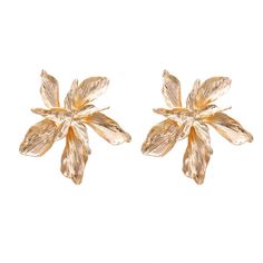 Stunning large golden flower stud earring. Gold Flower-shaped Clip-on Earrings For Party, Chic Gold Flower Earrings For Party, Gold Flower Shape Clip-on Earrings For Party, Chic Gold Flower-shaped Earrings, Gold Flower-shaped Earrings With Flower Charm, Gold Flower Earrings With Charm, Gold Flower Earrings For Party, Chic Gold Flower Earrings, Gold Chic Flower Earrings