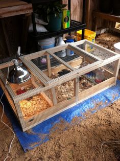 a bird cage with food in it sitting on the ground