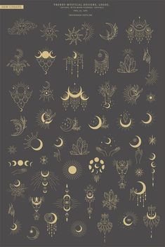 the moon and stars are drawn in gold on a black background