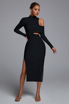 Women Fall Outfits, Image Model, Bandage Midi Dress, High Neck Long Sleeve, Stylish Clothes For Women, Satin Midi Dress, Black Maxi, Fall Outfits Women, Bandage Dress