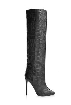 Also Available: Description Create an ultra luxe look this winter with our new embossed leather knee boots. Set on a slim stiletto heel these boots make for an elegant gait. We love wearing these over skinny jeans and an oversize long sweater or button down shirt. They have been carefully crafted in Italy from exotic embossed leather and are meant to be worn loose around the knees and legs for that cool-girl look. Material: Black embossed leather Heel Height: 115mm/4.5 inches Shaft height: Size Rope Sandals, Leather Knee Boots, Winter Fashion Boots, Long Sweater, Black Leather Heels, Women Boots, Long Sweaters, Brown Boots, Stiletto Heel