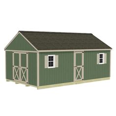 a small green shed with two windows on the roof