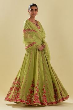 Green lehenga featuring floral silk applique motifs and sequin embellishments. Comes with chevron bead embellished blouse, scalloped hem dupatta and inner slip. - Aza Fashions Green Raw Silk Anarkali Set With Floral Embroidery, Floor-length Raw Silk Anarkali Set With Floral Embroidery, Floor-length Floral Embroidered Raw Silk Sharara, Floor-length Silk Sharara With Floral Embroidery, Pista Green Silk Floor-length Sharara, Green Tissue Silk Sets With Floral Embroidery, Green Floral Embroidered Tissue Silk Sets, Green Floral Embroidery Tissue Silk Sets, Floral Embroidered Raw Silk Lehenga For Eid