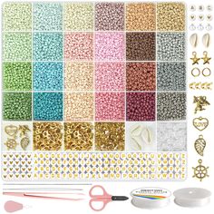 the beading kit includes beads, scissors and other accessories