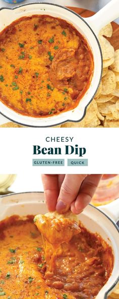 the cheesy bean dip is being served with tortilla chips