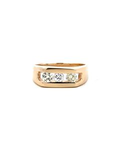 Introducing our exquisite 14KT Yellow Gold Diamond Ring, a testament to timeless elegance and modern design. This piece stands out with its unique feature of three diamonds that seem to float within a meticulously crafted channel setting, creating an illusion of weightlessness and ethereal beauty. These diamonds, with a total weight of .70 carats, radiate with a brilliance that captures the eye and the heart. Their superb clarity and luster are accentuated by the warm glow of the yellow gold, of Luxury Three Stone Jewelry For Formal Occasions, Luxury Three Stone Formal Jewelry, Luxury Formal Three Stone Jewelry, Modern Channel Set Jewelry For Anniversary, Formal Three Stone Rose Gold Ring, Formal Rose Gold Three Stone Ring, Classic Rose Gold Channel Set Rings, Timeless Three Stone Diamond Ring, Timeless Three-stone Diamond Ring