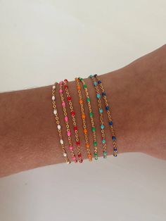 14k Gold Filled Beaded Chain Bracelets As Gift, Dainty Enamel Jewelry With Adjustable Chain, Dainty Multicolor Bracelets With Adjustable Chain, Dainty Adjustable Enamel Jewelry, Dainty Handmade Enamel Jewelry, Handmade Dainty Enamel Jewelry, Hypoallergenic Enamel Jewelry For Everyday, Gold Enamel Bracelets With Adjustable Chain, Engraved Initials