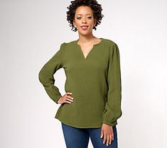 Ideal for warmer weather, this light and airy peasant top drapes beautifully on the body, creating a flowy silhouette that flatters your figure. From Belle by Kim Gravel. Fall Peasant V-neck Top, Versatile Long Sleeve Top For Spring, Chic Flowy Blouse With Split Neck, Chic Flowy Split Neck Blouse, Flowy Split Neck Casual Tops, Flowy Casual Tops With Split Neck, Casual Flowy Tops With Split Neck, Spring Peasant V-neck Top, Green Split Neck Top For Spring