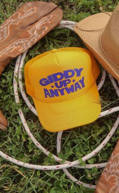 Get bucked off? Toss your hat back on, pull up your boot straps and get back on that horse cowgirl! You've got to giddy up anyway! ALL HATS ARE FINAL SALE! Adjustable Fun Trucker Hat For Country Events, Fun Adjustable Trucker Hat For Country Events, Western Style Adjustable Trucker Hat For Ranch, Adjustable Western Trucker Hat For Ranch, Adjustable Trucker Hat For Country Events, Adjustable Trucker Hat For Ranch, Fun Adjustable Trucker Hat For Rodeo, Trendy Adjustable Snapback Hat For Country Events, Fun Trucker Hat For Country Events One Size