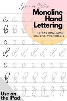 the handwriting practice manual for monoline hand lettering with instructions to use on the ipad