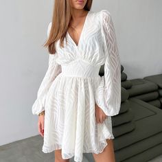 Women's 2024 Summer Holidy Dress V-Neck Long Sleeve Mini Dresses Holiday Dress White V-neck Dress For Spring Night Out, White V-neck Dress For Night Out In Spring, Long Sleeve V-neck Dress For Summer Date Night, White Long Sleeve Summer Party Dress, White V-neck Mini Dress For Spring, White Long Sleeve Mini Dress For Summer, V-neck Dresses For Spring Night Out, White V-neck Mini Dress For Fall, Chic Long Sleeve V-neck Dress For Summer