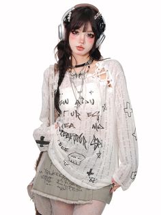 This top features a distinctive cross-lace design on one shoulder, adding a unique and stylish touch. Adorned with prints of crosses, skeletons, and letters, it exudes a bold and edgy vibe. The semi-transparent fabric enhances its modern and fashionable appeal.  Please note that the price includes only the top.   	 		 			Size 			S 			M 			L 		 		 			Length 			68 			70 			72 		 		 			Bust 			108 			112 			116 		 		 			Sleeve Length 			54 			55 			56 		 		 			Shoulders 			51 			53 			55 Transparent Fabric, Printed Pleated Skirt, Alternative Outfits, Red And Black Plaid, Semi Transparent, Fit Inspo, Lace Design, Cut Jeans, Kawaii Fashion