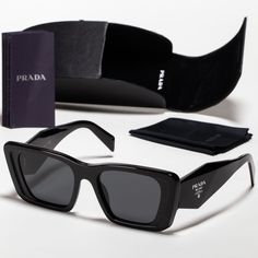 PRADA Women Symbole Sunglasses 1AB-5S0 Black Oversized Rectangle Fashion Glasses Prada Shades, Glasses Prada, Prada Women, Closet Organizer, Fashion Glasses, Happy We, Glasses Fashion, You Happy, Sunglasses Accessories