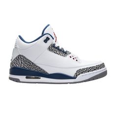 Find JORDAN 3 Retro 'true Blue' 2011 on Editorialist. After its debut in 1988, the Air Jordan 3 Retro 'True Blue' has only seen three subsequent releases in 2001, 2009, and 2011. The Air Jordan 3 Retro 'True Blue' 2011 marked the shoe's 23rd anniversary. The sneaker was famous during Michael Jordan's second return to the NBA playing for the Washington Wizards, and returned to the spotlight in 2003 when worn in the All-Star Game by Kobe Bryant. A non-OG retro release, this version has the Jumpman logo on the tongue and heel section. Blue Jordan 3, Jordan 3 Wizards, Cute Jordans, Jordan 3s, 23rd Anniversary, Expensive Stuff, Jordan Retro 3, Xmas Wishlist, Blue Jordans