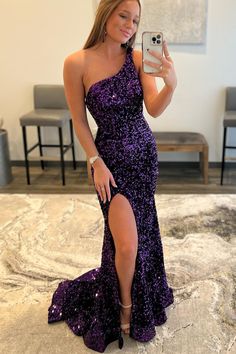 One Shoulder Purple Sequin Mermaid Long Formal Dress Sparkling Dresses, Prom 2k24, Trumpet Prom Dress, Prom 2023, Prom Inspo, Purple Prom, Prom Decor, Streetwear Chic, Long Formal Dress