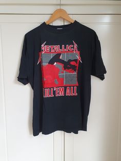 Vintage pre-owned Metallica Kill 'em all t-shirt, size XL. Under license Gant 1994 with little wear due to its age (30 years!) Vintage Black T-shirt With Front Print, Vintage Black T-shirt With Screen Print, Vintage Black T-shirt For Fan Merchandise, Vintage Black T-shirt For Fans, Black 90s Style T-shirt For Fan Merchandise, Metallica Vintage, Clothing Finds, Age 30, Band Shirts