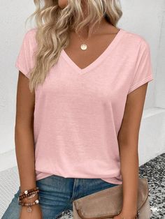 Women's Summer Solid Color V-Neck Short Sleeve Casual T-Shirt Pink Casual  Sleeveless Knitted Fabric Plain  Medium Stretch  Women Clothing, size features are:Bust: ,Length: ,Sleeve Length: Short Loungewear, Rose Bonbon, Estilo Hip Hop, Fashion T Shirt, Loungewear Set, Women T Shirts, Summer Tee, Plus Size T Shirts, Plus Size Tops