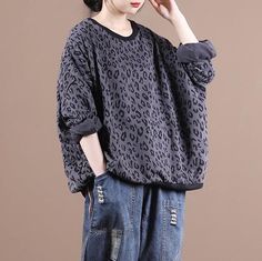 French dark gray Leopard tops women blouses o neck loose blouses

 Materials used: cotton blended

Measurement:One size fits all for this item. Please make sure your size doesn't exceed this size: BUST-140cm   
   
length 71cm / 27.69"
Sleeve length 71cm / 27.69"
Armhole 46cm / 17.94"
bust 140cm / 54.6"
Waist 130cm / 50.7"
Cuff 20cm / 7.8"



We ship worldwide.

Tracking numbers provided for all orders. Baggy Crew Neck Tops For Fall, Gray Cotton Blouse For Fall, Gray Casual Blouse For Winter, Casual Gray Blouse For Winter, Oversized Fall T-shirt, Casual Gray Winter Blouse, Trendy Fall Crew Neck Blouse, Trendy Crew Neck Blouse For Fall, Casual Gray Cotton Blouse