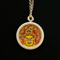 Jambhala-Yellow 黄财神 Silver Chain 银链 Thangka 唐卡 Necklace 项链 Sterling Silver Amulet Necklace For Puja, Sterling Silver Amulet Necklaces For Puja, Traditional Yellow Chain Necklace For Gifts, Traditional Yellow Chain Necklace Gift, Spiritual Yellow Necklaces For Meditation, Yellow Spiritual Round Jewelry, Yellow Round Temple Jewelry Necklace, Gold Temple Necklace Pendant In Sterling Silver, Spiritual Silver Chain Necklace