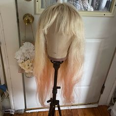 Purchased This Wig From China Lace Wig And Had The Roots And Peach Color Professionally Styled At A Salon. This Is A Full Lace, 150% Density Wig. Wig Cap Has Been Stained From Dye By The Stylist Who Colored The Roots Of The Wig. Wig Is 24” And 100% Human Hair. I Had Cut Bangs Into It. Cut Bangs, How To Cut Bangs, Wig Color, Ombre Wigs, Peach Color, The Roots, Wig Cap, Lace Wig, 100 Human Hair