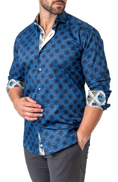 A mesmerizing abstract pattern covers this luxe shirt cut from fine cotton designed to keep you looking and feeling your best. Spread collar Long sleeves with button cuffs 100% cotton Machine wash, dry flat Made in Turkey Designer Blue Long Sleeve Top, Blue Long Sleeve Top With Geometric Pattern, Blue Printed Button-up Shirt, Designer Long Sleeve Cotton Dress Shirt, Designer Printed Cotton Shirt, Elegant Shirt With Button Closure And Patterned Design, Designer Fitted Blue Shirt, Designer Patterned Printed Shirt, Modern Printed Cotton Shirt