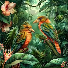 two birds sitting on top of a tree branch surrounded by leaves and flowers in the jungle