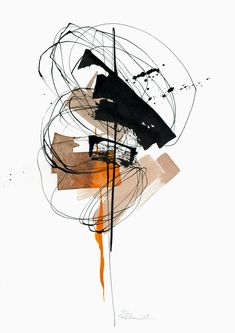 an abstract painting with black and orange colors