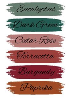 four different shades of paint with the names of each color in them, including dark green, cedar rose, terracotta, burgundy, and paprika