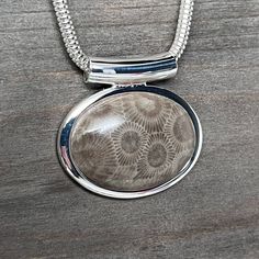 Very nice Petoskey Stone with rich color and high contrast. This beautiful pendant comes on a 16", 18'',  20"  or 24'' chain. Silver plated "Pewter" (zinc-based alloy) The stone measures 1 inch wide by 3/4 inch tall. The pendant measures 1.125 inches wide by 1 inch tall. Petoskey stone is a fossilized coral, the state stone of Michigan and is commonly found along the shores of Lake Michigan and Lake Huron in the United States. It was formed by the fossilization of ancient coral, hexagonaria. These corals lived in warm shallow seas that covered Michigan during Devonian time, some 350 million years ago. Return/Refund Policy: If, within 30 days, you're not happy with your purchase for any reason whatsoever, you may return your item to us for a comparable exchange or a full refund. No hassle a Petoskey Stone Jewelry, Fossilized Coral, Petoskey Stone, Lake Huron, Chain Silver, High Contrast, Lake Michigan, Stone Necklace, Stone Jewelry