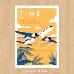 an airplane is flying over the ocean with palm trees and clouds in the background that says time to travel