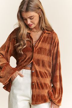 Pumpkin Spice Velvet Smocked Top | JQ Clothing Co. Winter Velvet Long Sleeve Tops, Velvet Long Sleeve Tops For Fall, Fall Velvet Long Sleeve Tops, Brown Long Sleeve Corduroy Top, Burnt Orange Long Sleeve Winter Top, Long Sleeve Corduroy Tops For Fall, Burnt Orange Long Sleeve Top For Winter, Brown Corduroy Long Sleeve Top, Fall Long Sleeve Corduroy Tops