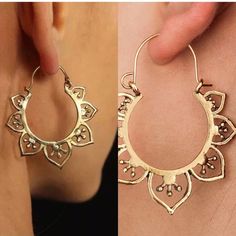 Trendy Decorated Lotus Style Hoop Earrings. Lightweight. Available In Gold Tone Or Silver Plated Metal: Zinc Alloy (Bin: 90) Gold Alloy Hoop Earrings, Summer Gold Alloy Earrings, Gold Alloy Earrings For Summer, Summer Alloy Earrings, Silver Hoop Earrings In Alloy, Summer Silver Alloy Earrings, Handmade Gold Alloy Earrings, Nickel-free Gold Alloy Hoop Earrings, Bohemian Alloy Earrings For Festivals