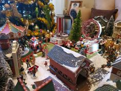 a christmas scene with toys and trees in the background