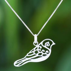 With elegant curling openwork that suggests its feathers a lovely bird is crafted from sterling silver. Thai artisan Sarote Lochotinunt creates this pendant necklace which circles the neck with sterling box chain. Silver Casting, Bird Pendant, Gifts For My Wife, Silver Work, Cat Necklace, Sterling Silver Necklace Pendants, Brand Shoes, Delicate Necklace, Jewelry Packaging