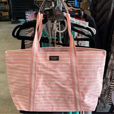 Adorable Vs Nwt Tote, Pink And White Stripes With Black Liner. Large With Handles That Can Be Carried Over Shoulder. Zipper For Closure. Limited Edition Victoria's Secret Pink Bags For Vacation, Victoria's Secret Pink Vacation Bag, Victoria's Secret Summer Vacation Bags, Victoria's Secret Casual Bags For Spring, Casual White Victoria's Secret Bag, Victoria's Secret White Bag For Spring, Victoria Secret Tote Bags, Pink Tote Bags, Black Liner