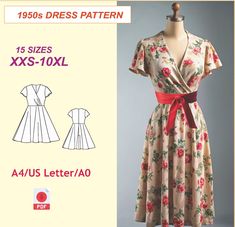 a dress pattern with flowers and bows on the waist, as well as a red ribbon