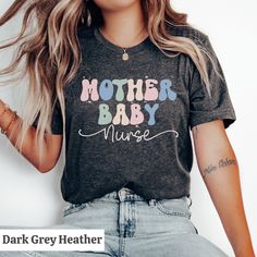 Mother baby nurse shirt with the sweetest design for all of the heroes of the laborhood :) Makes a great gift for a maternity/labor and delivery nurse.  ✨Important:✨  Product color may vary slightly due to variation in photographic lighting and screens/monitors displaying colors differently.  When ordering and choosing your size, please keep the unisex fit in mind. These can be longer and looser compared with women cut tees. If you find your size is out of stock (these are well-loved!) consider sizing up for that oversized tee look . Just lay out your favorite tee and measure its width and length to see how this one will compare with the pictured size chart. Please keep in mind the measurements noted are estimates and can vary by approximately 1 inch.  Care for your tee:  Turn inside out a Delivery Nurse Gifts, Mother Baby Nurse, Cut Tees, Nursing Baby, Valentines Day Shirts, Mother And Baby, Nursing Shirts, Heather Black, Adult Outfits