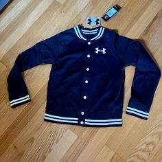 Navy Blue Jacket With White Stripes, Perfect For Spring. Size Yl. Sporty Outerwear With Ribbed Cuffs For School, Casual Fleece Outerwear For School, Navy Sporty Varsity Jacket For Outdoor, Sporty Navy Varsity Jacket For Outdoor, Fleece Outerwear For School In Fall, Winter School Fleece Outerwear, Sporty Varsity Jacket For Streetwear, Sporty Navy Outerwear For School, Sporty Winter Outerwear For School