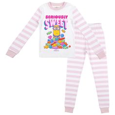 Kids can cuddle up with their favorite banana-loving sidekicks when they wear this officially licensed Minions pajama set! The long-sleeve tee features a big colorful graphic of “Seriously Sweet” and Kevin the Minion buried in candy, while the included sleep pants boast an eye-catching pink-and-white striped pattern. Crafted from high-quality polyester jersey to keep kids feeling their best overnight, these pajamas provide superior comfort and durability. When it’s time to clean your pajamas, si Fun Graphic Print Sleepwear For Pajama Party, Fun Long Sleeve Sleepwear For Pajama Party, Long Sleeve Character Print Sleepwear, Casual Long Sleeve Sleepwear With Character Print, Cartoon Print Crew Neck Sleepwear For Sleepover, White Long Sleeve Sleepwear With Letter Print, Long Sleeve Letter Print Sleepwear For Pajama Party, Long Sleeve Sleepwear With Letter Print For Sleepover, Cotton Long Sleeve Sleepwear With Letter Print