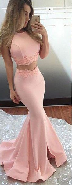 98498be_400w_large Pink Prom Dresses Mermaid, 2 Piece Formal Dresses, Prom Dress Two Piece, Two Piece Prom Dress, Prom Dress Pink, Jersey Prom Dress, Halter Evening Dress, Two Piece Prom, Evening Dress Long