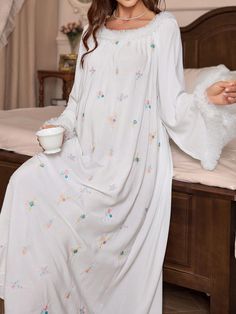 Moomoo Nightgown, Dress White Long, Long Sleeve Nightgown, Fabric Plants, Maternity Sleepwear, Long Nightgown, Pajama Dress, Loose Long Sleeve, Flower Embroidery