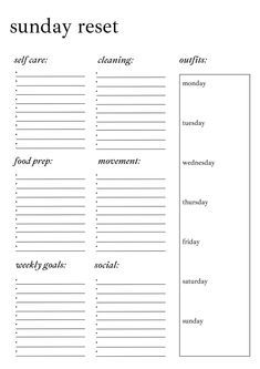 the printable sunday rest planner is shown in black and white, with words on it