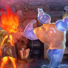 an animated man standing in front of a fire with his arms up and hands behind him